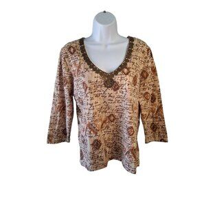Ruby Rd Script Print VNeck Top M Brown Sequi 3/4 Sleeve Boho Artisan Casual Chic